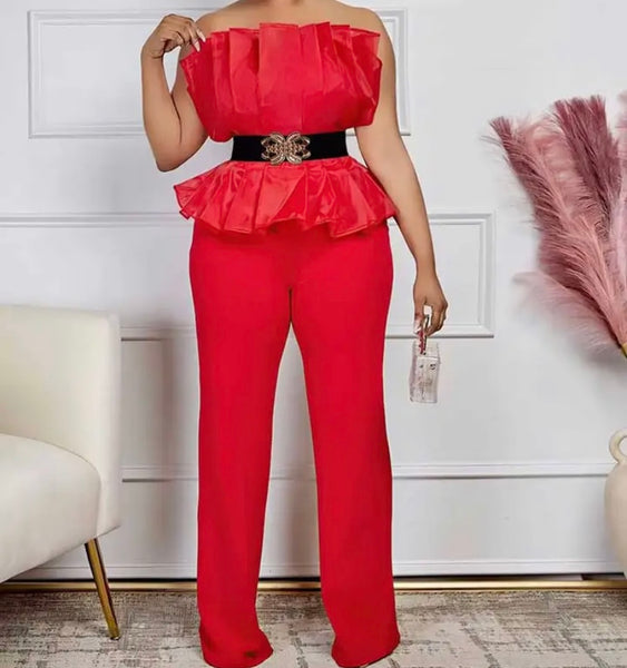 Women Sexy Pleated Strapless Color Jumpsuit