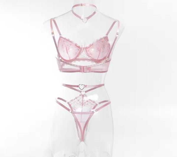 Pink Sexy Heart Choker Lace Mesh Lingerie Set