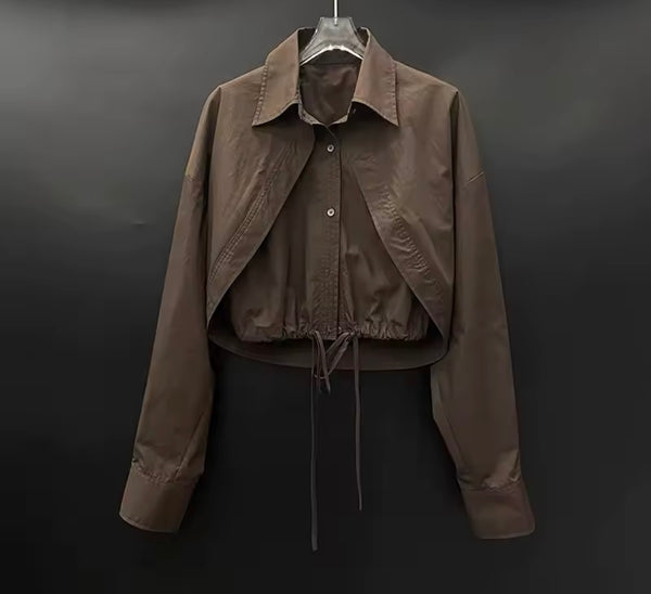 Women Fashion Collar Button Up Tie Full Sleeve Top