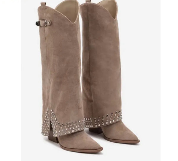 Women Fashion Rivet Suede/Faux Leather Knee High Boots
