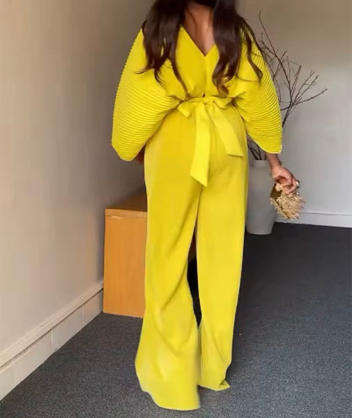 Women Solid Color Pleated Two Piece Fashion Pant Set