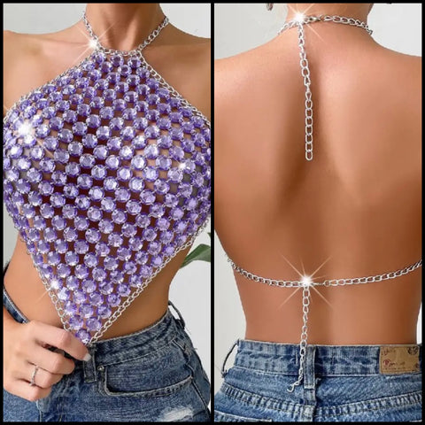 Women Sexy Fashion Purple Crystal Chain Halter Crop Top