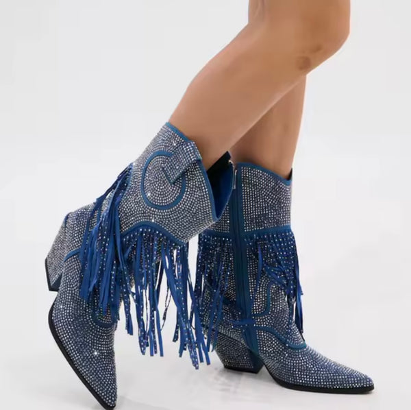 Women Fashion Blue Bling Rhinestone Tassel Ankle Western Boots
