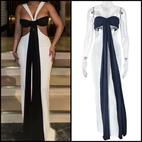 Women Sexy Halter Sleeveless B&W Bow Cut Out Maxi Dress