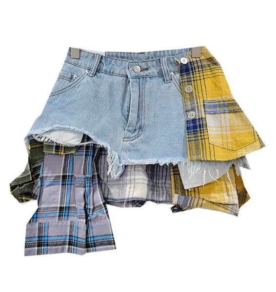 Women Fashion Colorful Plaid Patchwork Denim Skirt