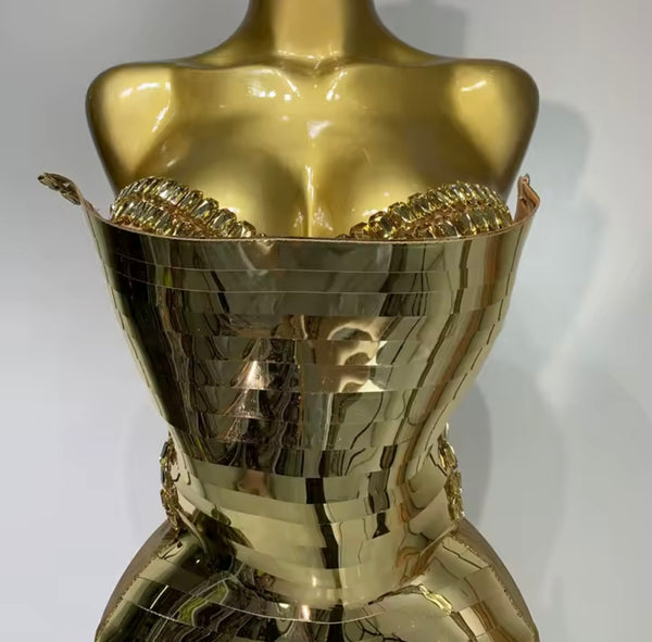 Women Sexy Sequins Strapless Gold Maxi Dress