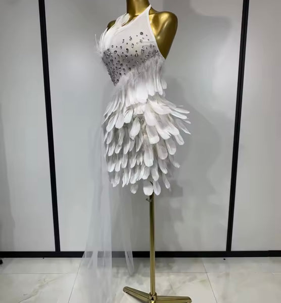 Women White Halter Sleeveless Rhinestone Feather Dress