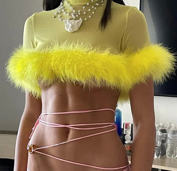 Women Sexy Fashion Feather Mesh Yellow Crop Top