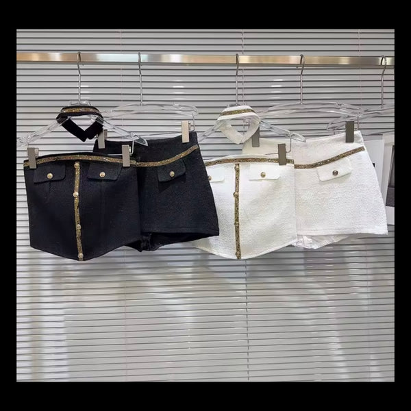 Women Choker Strapless Button Pocket Two Piece Tweed Skirt Set