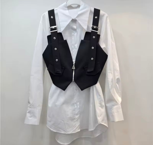 Women White Button Up Full Sleeve Two Piece Top