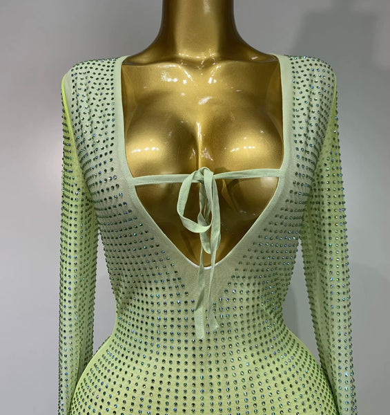 Women Sexy Green Gradient Bling Full Sleeve Maxi Dress