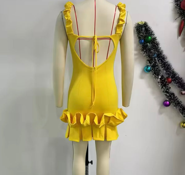 Women Sexy Sleeveless Ruffled Yellow Tie Open Back Dress