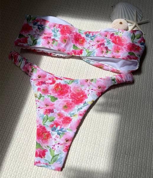 Women Sexy Strapless Floral Bikini Swimsuit