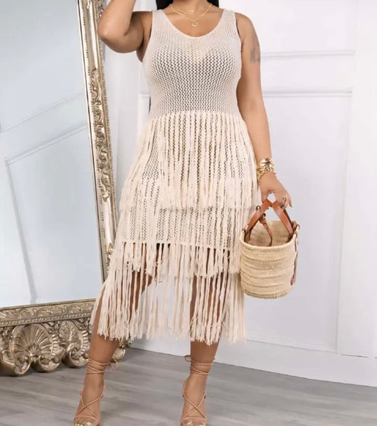 Women Sexy Sleeveless Solid Color Fringe Tassel Knitted Dress