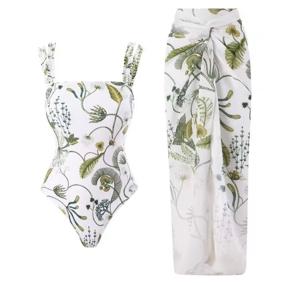 Women White Printed Swimsuit Cover Up Set
