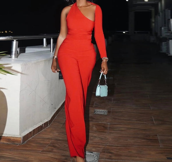 Women Red Sexy One Shoulder Full Sleeve Two Piece Pant Set