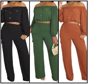 Women Fashion Button Up Pocket Full Sleeve Crop Two Piece Pant Set