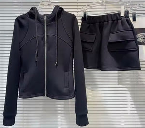 Women Fashion Zip Up Hooded Two Piece Skirt Set