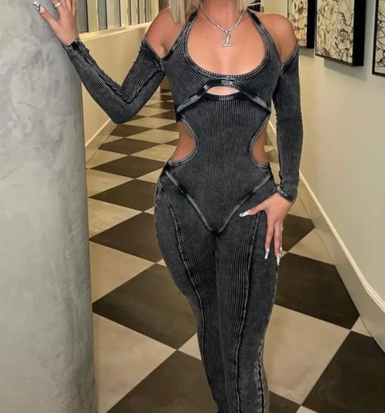 Women Ribbed Halter Full Sleeve Cut Out Fashion Jumpsuit