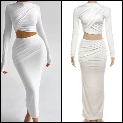 Women Sexy White Ruched Full Sleeve Two Piece Maxi Skirt Set