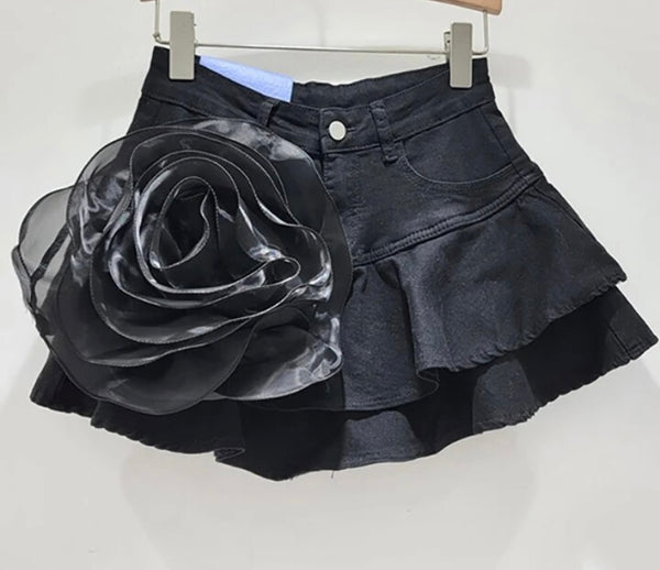 Women Fashion Color Floral Ruffled Denim Skirt