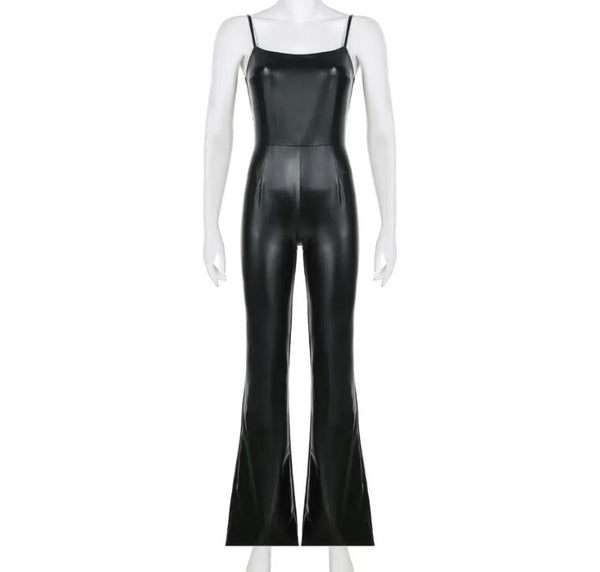 Women Sexy PU Solid Color Sleeveless Jumpsuit