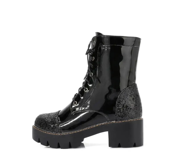 Women Fashion Patent Leather Sequins Patchwork Lace Up Ankle Boots