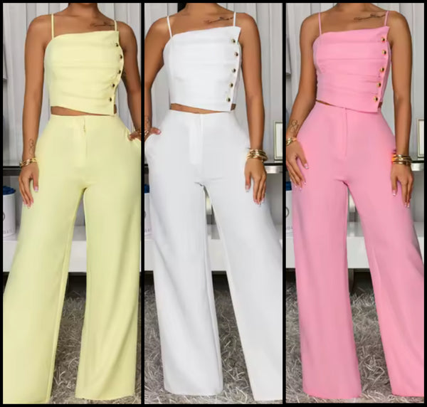 Women Color Button Up Sleeveless Two Piece Pant Set