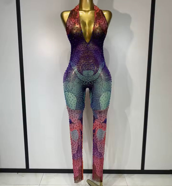 Women Multicolored Rhinestone Halter Sleeveless Mesh Jumpsuit