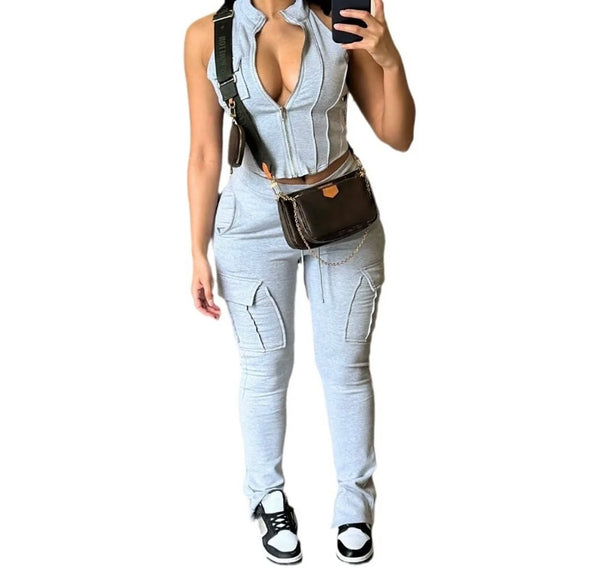 Women Fashion Sleeveless Zip Up Two Piece Cargo Pant Set