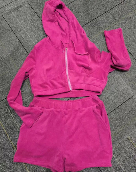 Women Fashion Pink Hooded Velour Two Piece Short Set