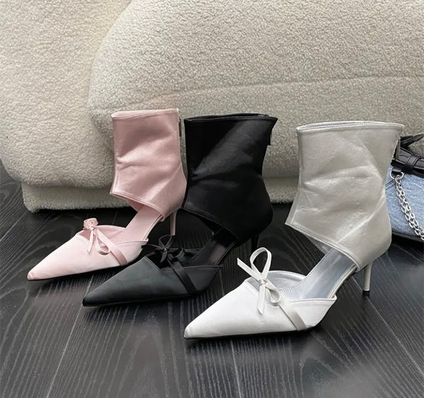 Women Fashion Pointed Toe Bow High Heel Ankle Boots