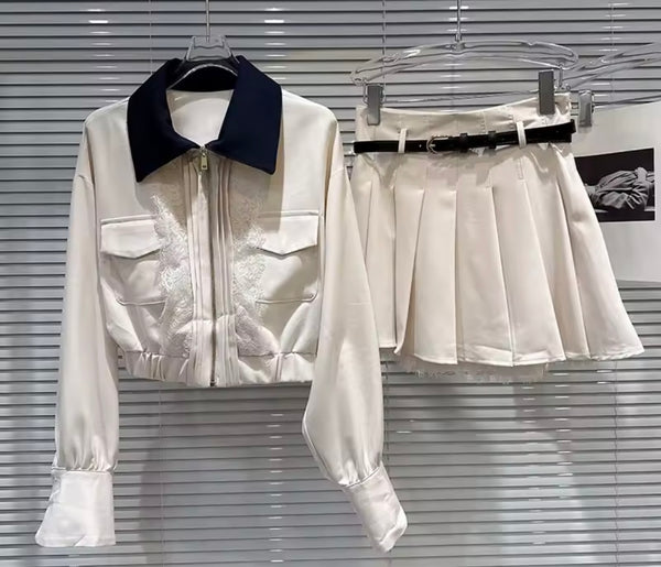 Women Lace Patchwork Zip Up Jacket Two Piece Pleated Skirt Set