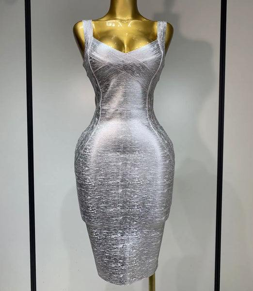 Women Sexy Sleeveless Metallic Bandage Dress