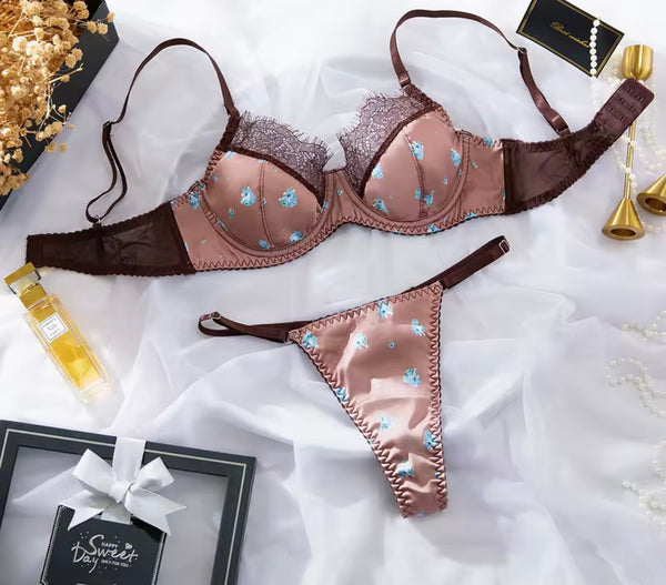 Women Sexy Brown Printed Satin Lingerie Set