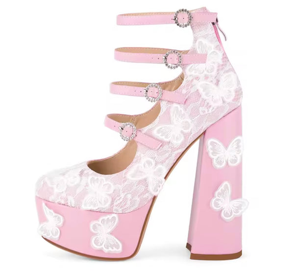 Women Fashion Platform Lace Butterfly Ankle Strap High Heels