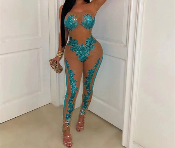 Women Sexy Strapless Sequins Mesh Patchwork Jumpsuit