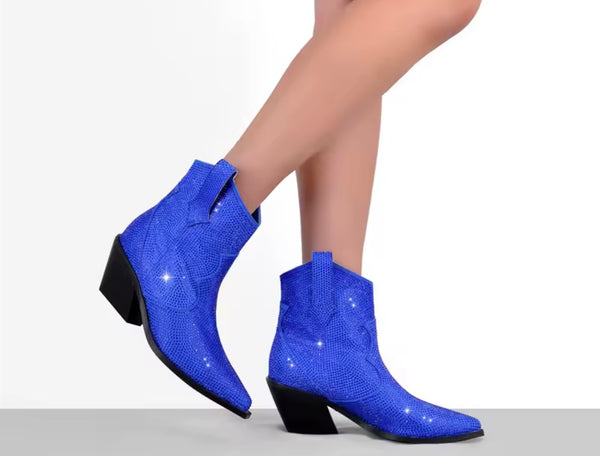 Women Fashion Pointed Toe Bling Ankle Western Boots