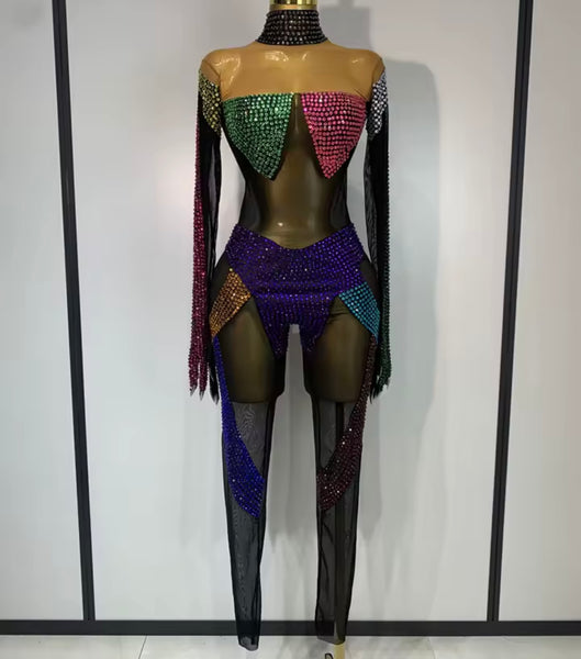 Women Sexy Color Crystal Mesh Full Sleeve Jumpsuit