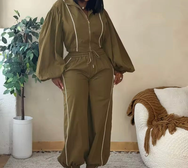 Women Fashion Striped Lantern Zip Up Full Sleeve Two Piece Pant Set
