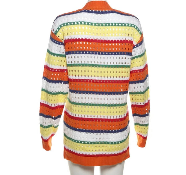 Women Fashion Multicolored Striped Button Up Knitted Top