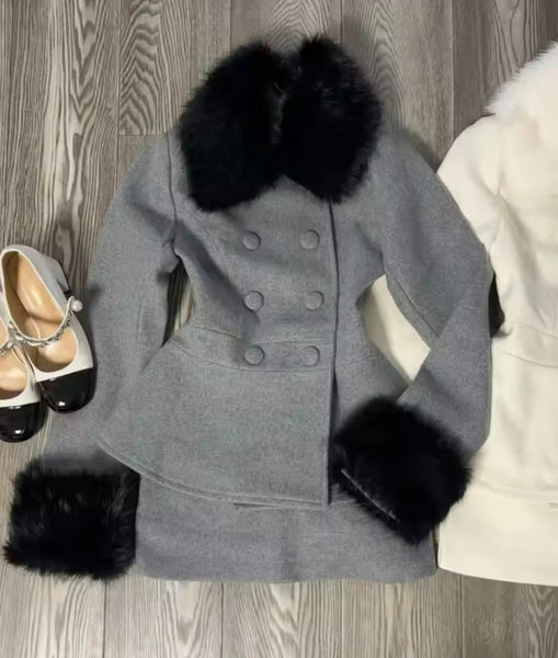 Women Button Up Faux Fur Patchwork Blazer Two Piece Skirt Set