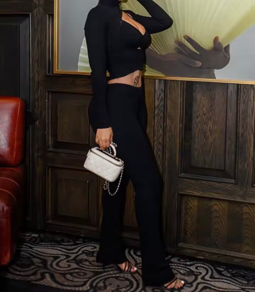 Women Black Turtleneck Cut Out Full Sleeve Three Piece Pant Set