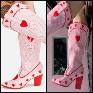 Women Fashion Color Patchwork Heart Knee High Western Boots