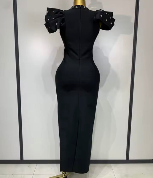 Women Elegant Crystal Patchwork Short Sleeve Maxi Dress
