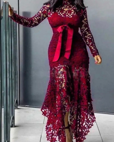 Women Sexy Color Lace Full Sleeve Bow Maxi Dress