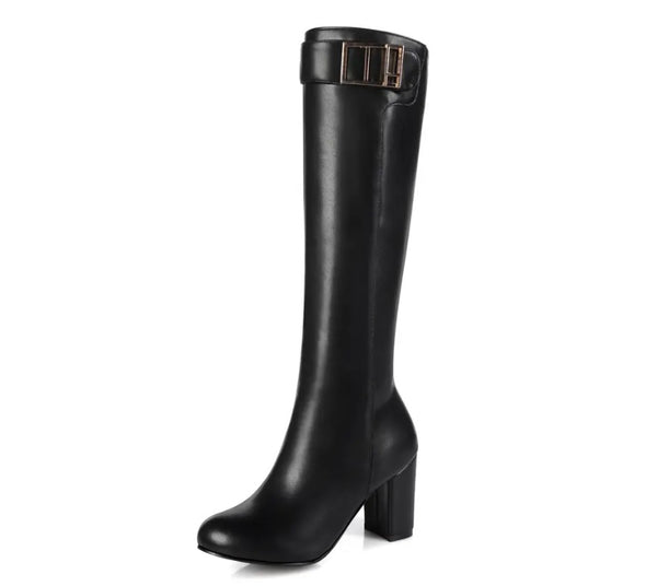Women Fashion Faux Leather Buckled Knee High Boots