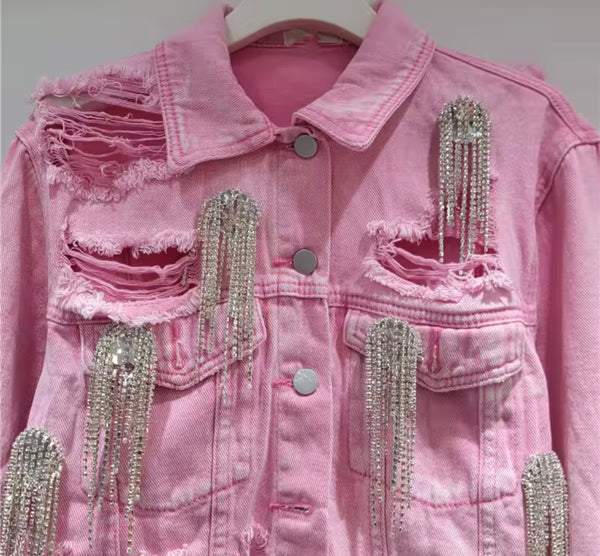 Women Fashion Pink Rhinestone Tassel Denim Two Piece Skirt Set