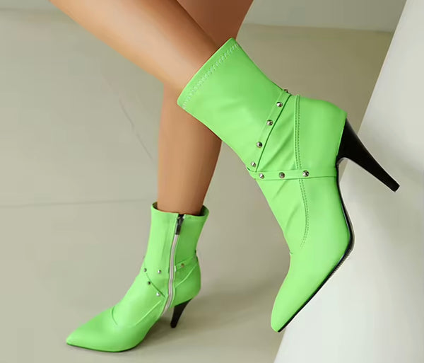 Women Color Pointed Toe Criss-Cross Rivet High Heel Ankle Boots
