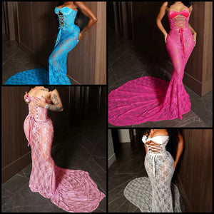 Women Sexy Strapless Cut Out Lace Maxi Dress